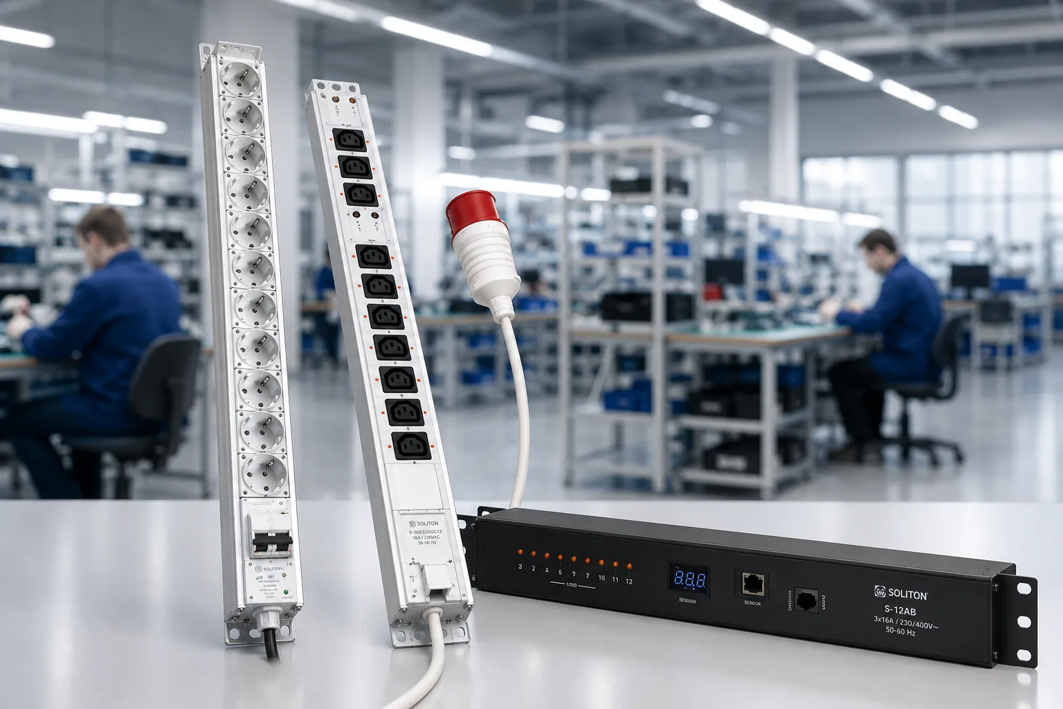 Модульные PDU Солитон: горизонтальный 1U с мониторингом, вертикальные 0U со Schuko и IEC C13, кабель 32A IEC 60309 — на фоне собственного производства