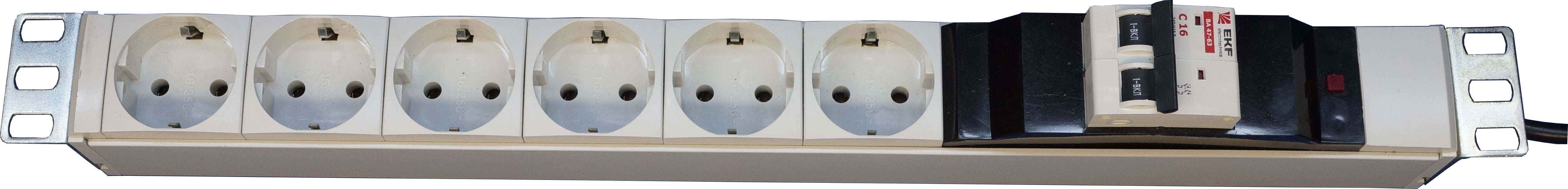 Блок розеток 19” 1U, S-6 (AB), 6 Schuko, 16A, ввод Schuko, с УЗИП, S-6 (AB)